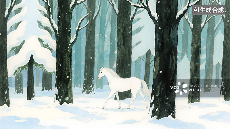 【AI数字艺术】森林中的白马 马年插画图片素材