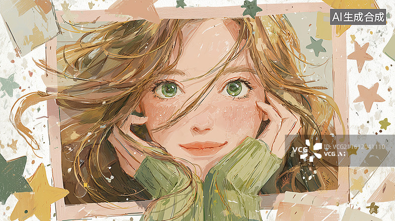 【AI数字艺术】几何框后绿眼女孩极简卡通图片素材