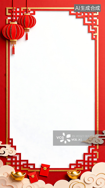 【AI数字艺术】红金中式边框空白背景 灯笼祥云红包金元宝装饰 新年春节营销活动喜庆布置图片素材