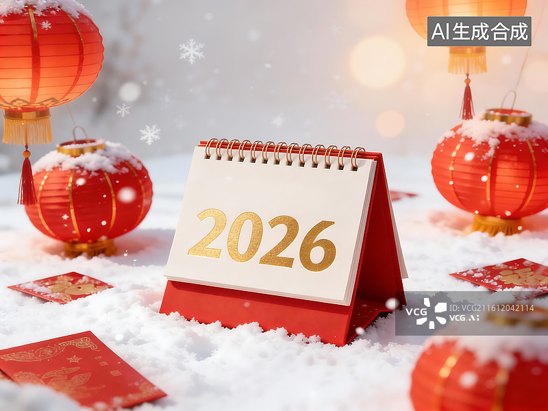 【AI数字艺术】2026 日历雪地灯笼红包背景 红金暖光装饰 新年春节营销活动图片素材