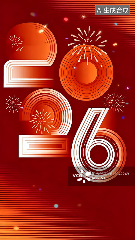 【AI数字艺术】2026 数字圆环线条装饰 红橙暖光烟花光斑 新年春节营销活动图片素材