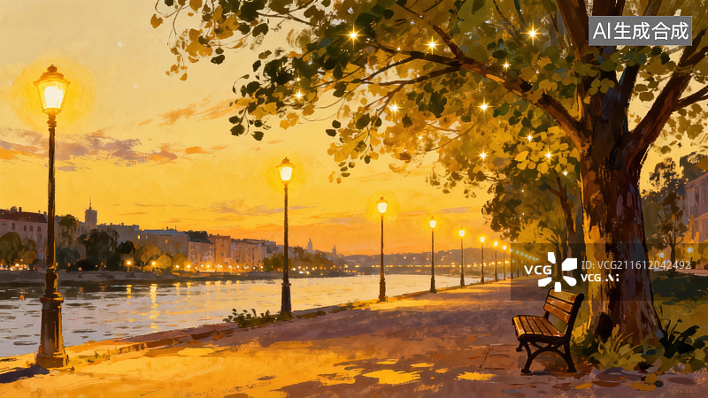 【AI数字艺术】黄昏河畔步道风光图片素材