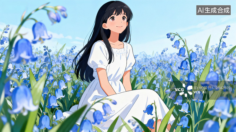 【AI数字艺术】少女坐在蓝色花丛中图片素材