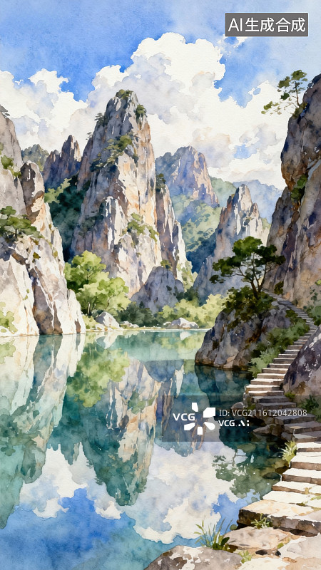 【AI数字艺术】山水倒影湖畔石阶图片素材