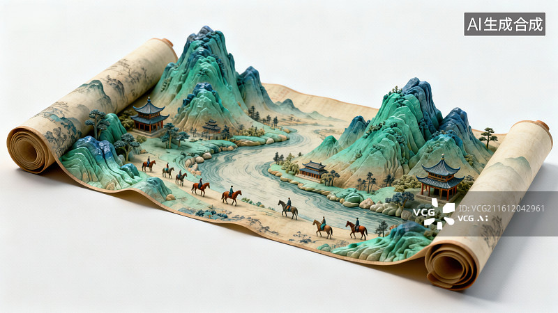 【AI数字艺术】山水画卷中的古代行旅图图片素材