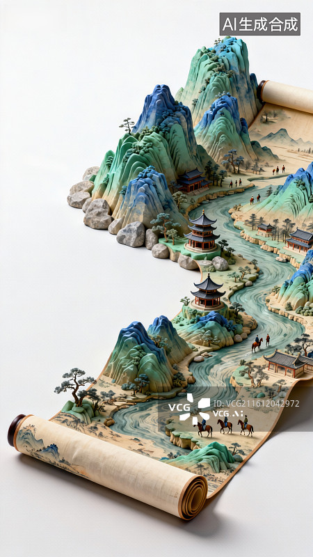 【AI数字艺术】山水画卷立体模型图片素材