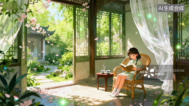 【AI数字艺术】庭院中少女读书的宁静画面图片素材
