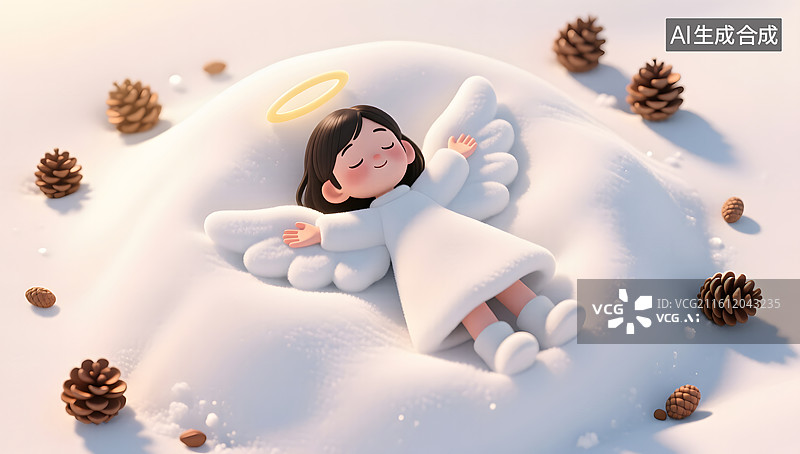 【AI数字艺术】冬日暖阳女孩雪堆做雪天使图片素材