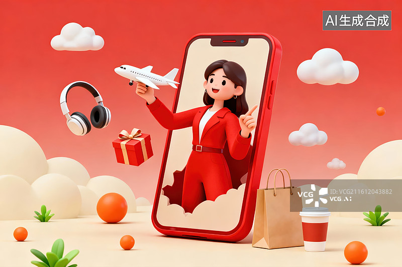 【AI数字艺术】手机中的女性展示旅行与购物元素图片素材