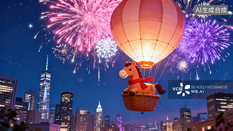 【AI数字艺术】热气球上的马与城市烟花图片素材