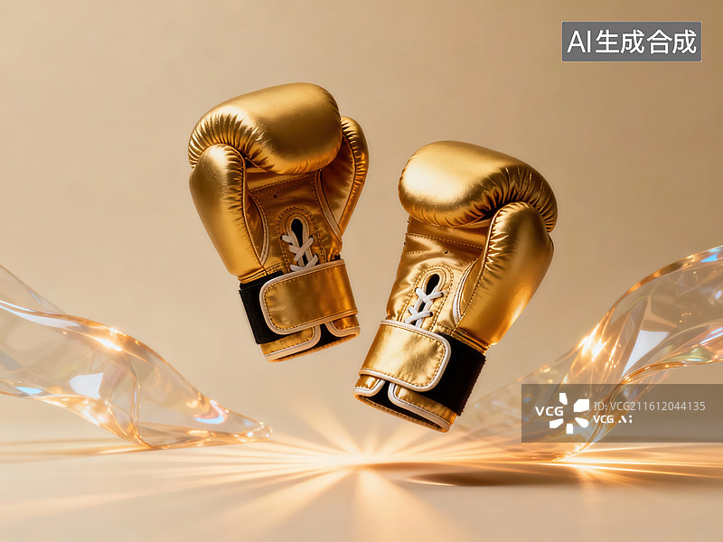 【AI数字艺术】金色拳击手套悬浮于光效之中图片素材