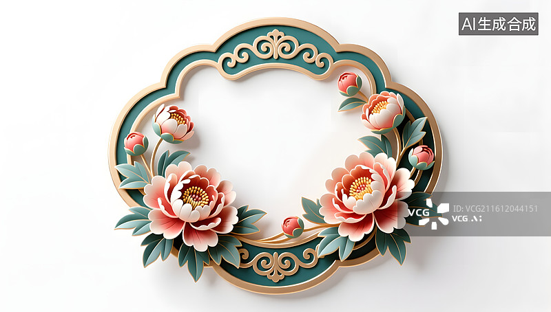 【AI数字艺术】牡丹富贵国潮立体标签框图片素材