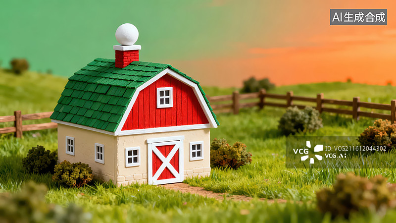 【AI数字艺术】红色谷仓模型田园风光图片素材
