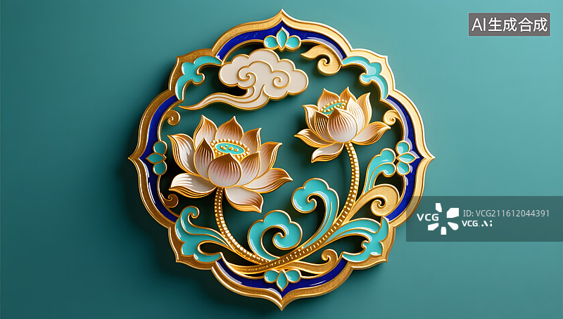 【AI数字艺术】景泰蓝工艺祥云莲花传统装饰渲染图片素材