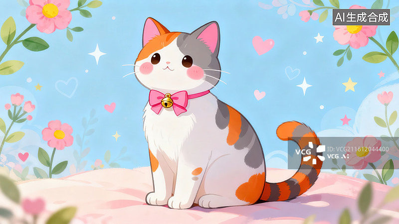 【AI数字艺术】花丛中的三色猫图片素材