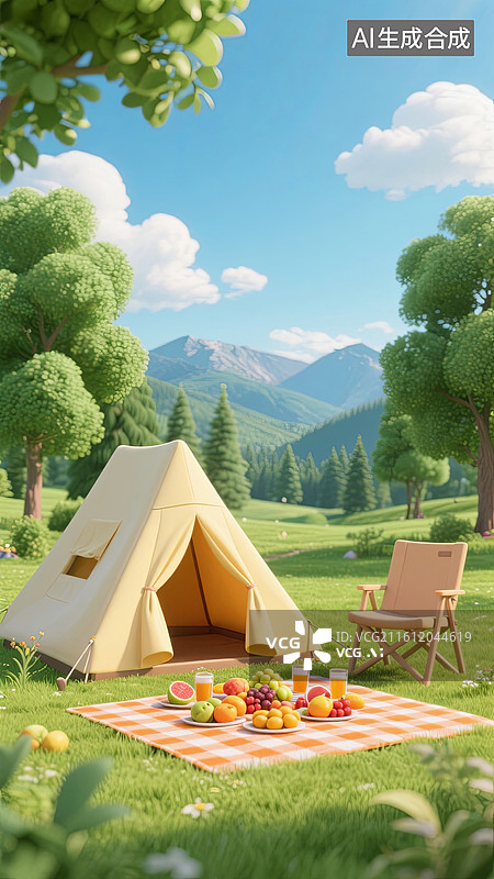 【AI数字艺术】清新卡通户外露营场景图图片素材