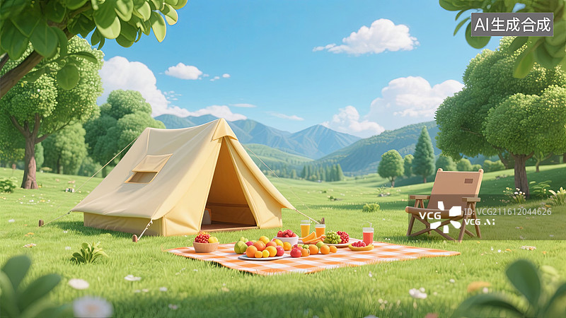 【AI数字艺术】清新卡通户外露营场景图图片素材