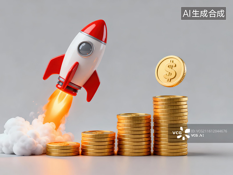 【AI数字艺术】火箭升空推动金币堆叠图片素材
