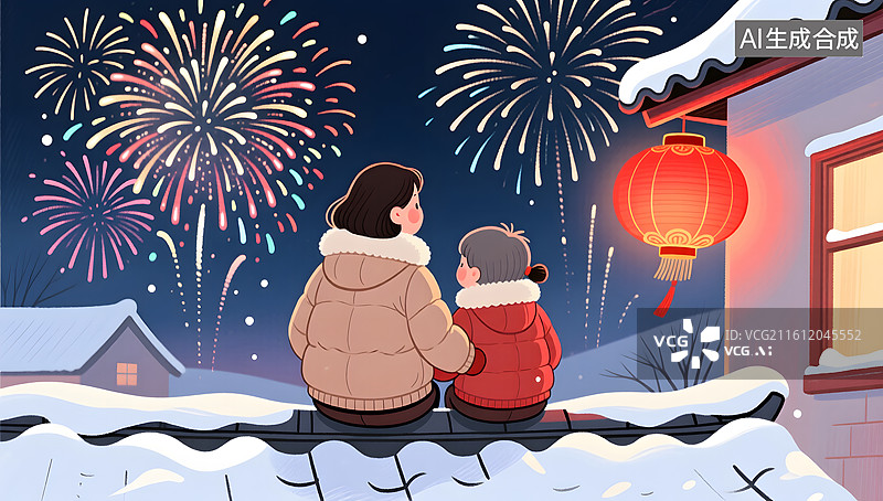 【AI数字艺术】祖孙背影屋檐下观烟花温暖治愈图片素材