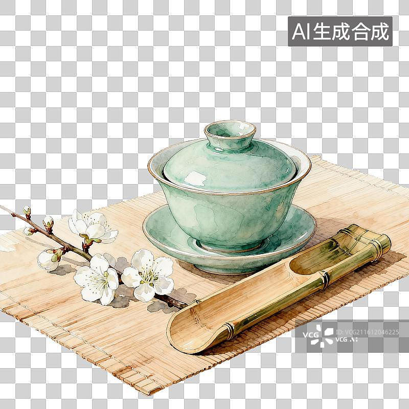 【AI数字艺术】青瓷茶具雅致风中式茶歇场景图片素材