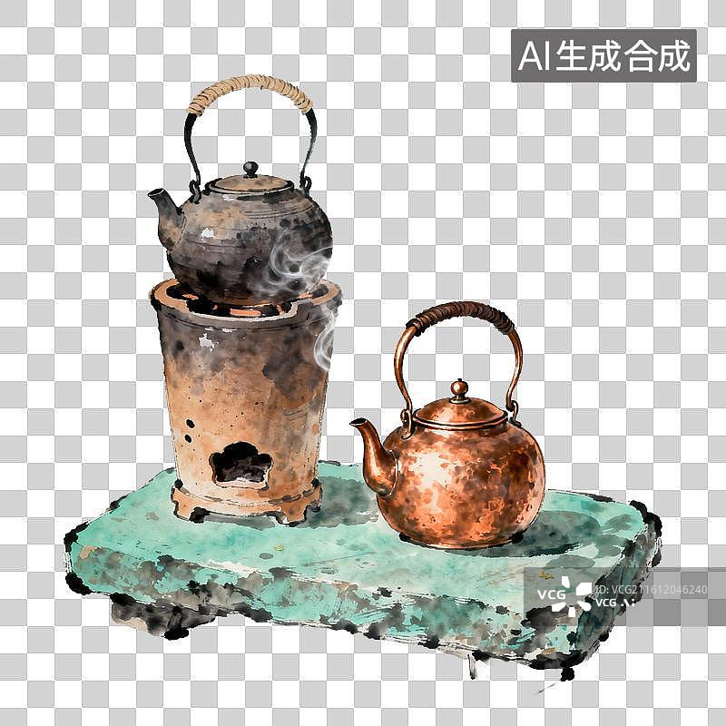 【AI数字艺术】铜质茶壶复古风中式茶歇场景图片素材