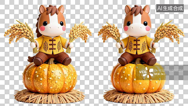 【AI数字艺术】卡通小马暖色调丰收主题摆件场景图片素材