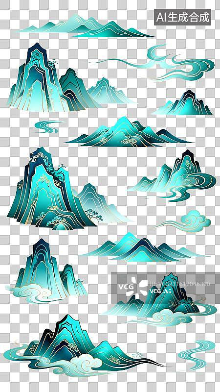 【AI数字艺术】青绿山水国潮风装饰元素背景图片素材