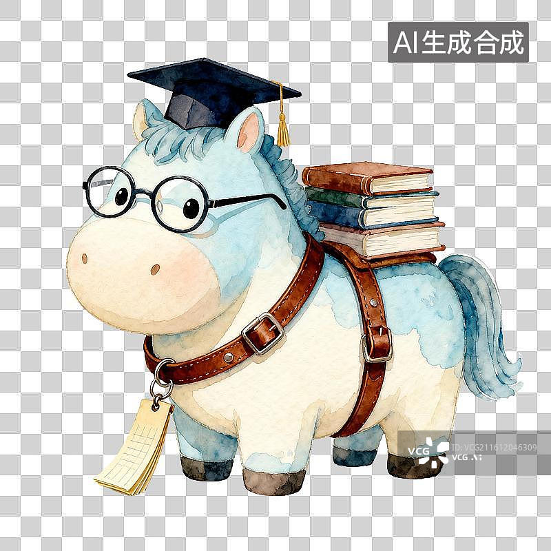 【AI数字艺术】学士小马水彩风毕业装饰场景图片素材