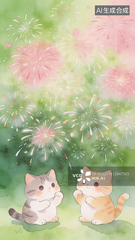 【AI数字艺术】水彩手绘肌理壁纸两只猫咪在看烟花图片素材