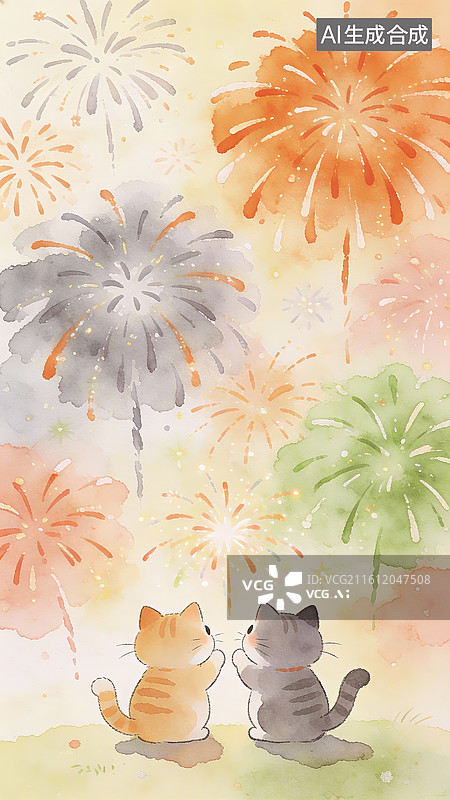 【AI数字艺术】水彩手绘肌理壁纸两只猫咪在看烟花图片素材