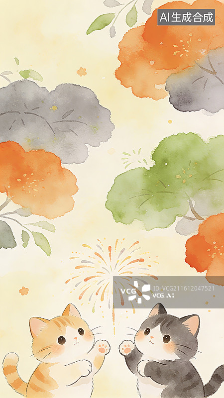【AI数字艺术】水彩手绘肌理壁纸两只猫咪在看烟花图片素材