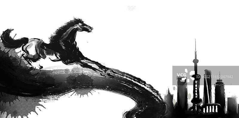 中国风马年水墨风格上海城市地标庆典海报图片素材