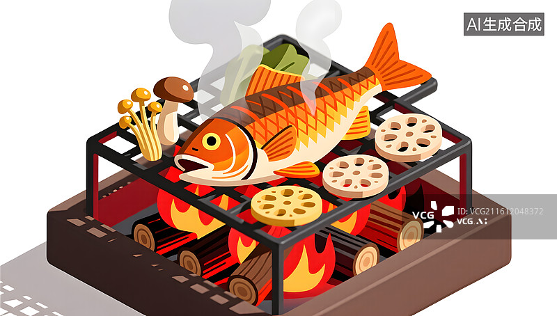 【AI数字艺术】炭火烧烤烤鱼美食商业插画图片素材