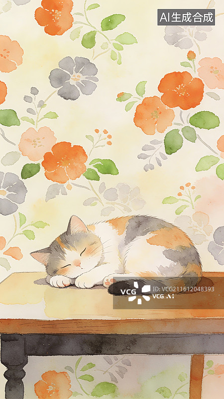 【AI数字艺术】水彩手绘肌理壁纸中国风古风猫咪在桌子上睡觉碎花竹子图片素材