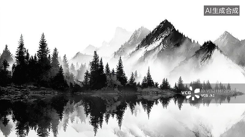 【AI数字艺术】山水倒影墨色风景图片素材