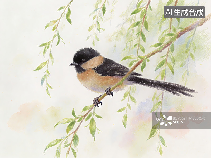【AI数字艺术】小鸟栖息在柳枝上图片素材