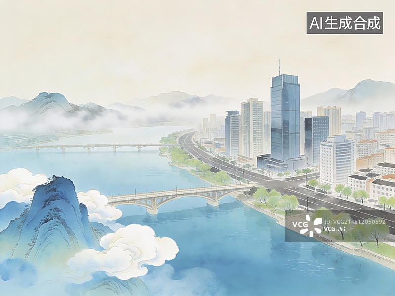 【AI数字艺术】山水城市风光图片素材