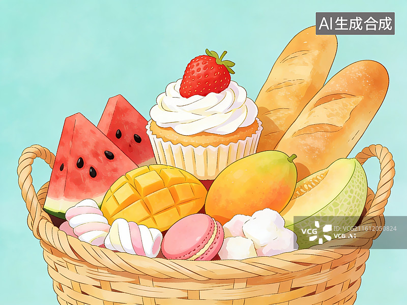 【AI数字艺术】水果甜点与面包篮图片素材