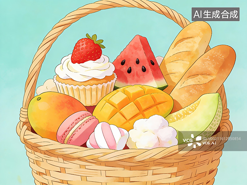 【AI数字艺术】装满水果甜点的编织篮图片素材