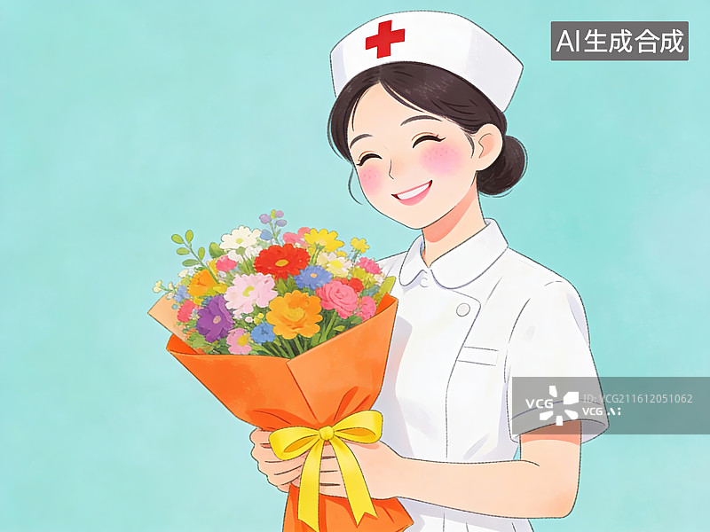 【AI数字艺术】护士手持花束微笑图片素材