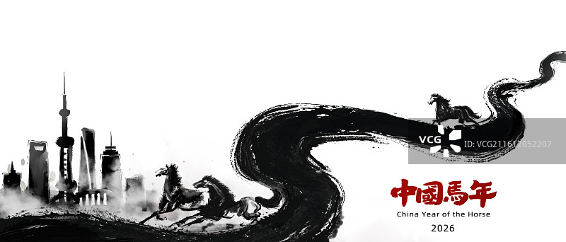 2026马年中国上海城市水墨风格海报设计图片素材