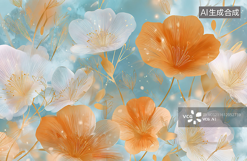 【AI数字艺术】橙白花卉水彩背景图片素材