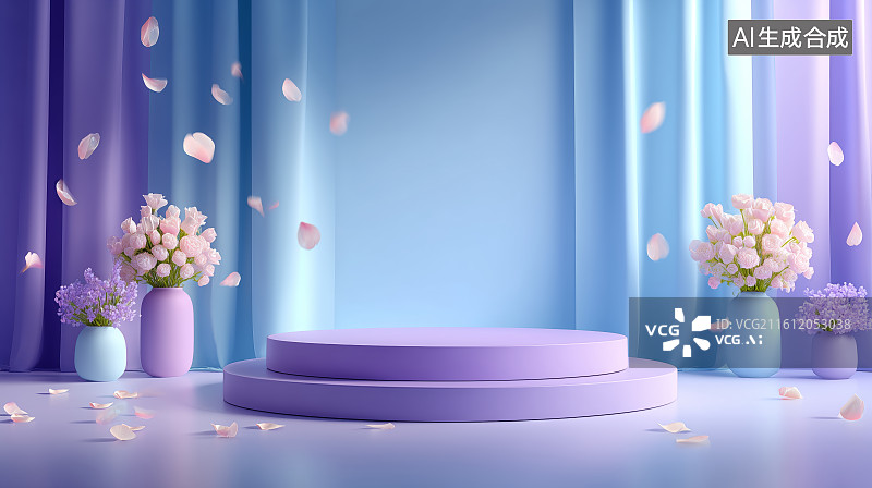 【AI数字艺术】紫色舞台背景与花卉装饰图片素材