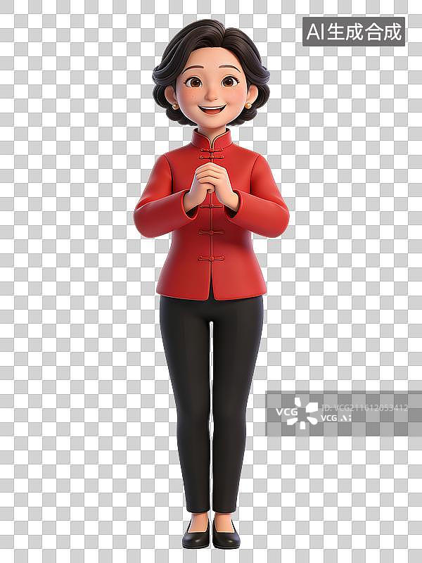 【AI数字艺术】一位穿着红色中式上衣和黑色裤子的动画女性，双手作揖拜年，面带微笑，亲切友好图片素材