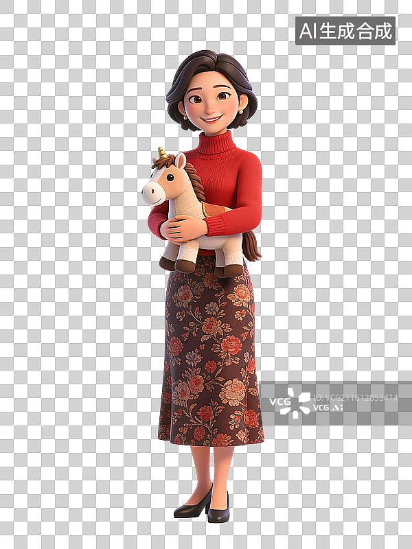 【AI数字艺术】年轻女性，面带微笑，抱着小马玩偶，身穿红色毛衣和花裙，脚踩黑色高跟鞋图片素材