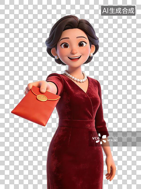 【AI数字艺术】一位穿着红色丝绒连衣裙、佩戴珍珠项链的优雅女性，手持红色手包，面带微笑图片素材