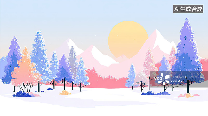 【AI数字艺术】冬季雪景与彩色树木图片素材