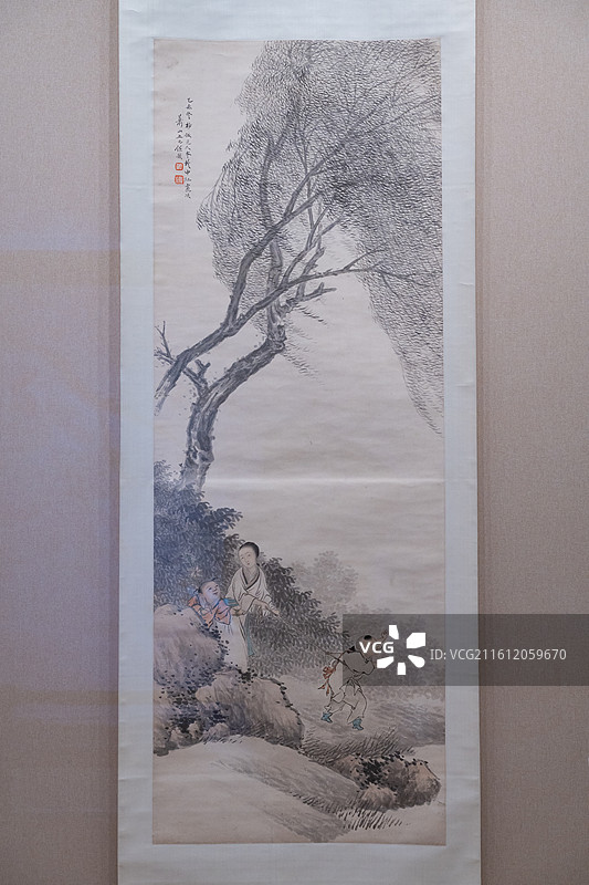 天津博物馆 清代后期人物画特展 清 任预 人物图轴 ‌纸本设色‌ 乙未年（1895）43岁图片素材