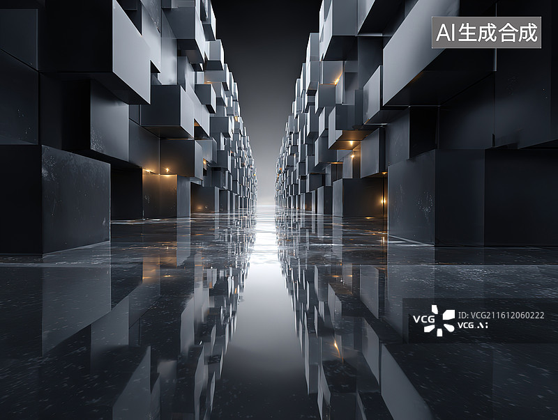 【AI数字艺术】未来感建筑走廊反射景象图片素材