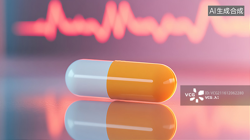 【AI数字艺术】药丸胶囊和抽象的心电图医疗背景图片素材